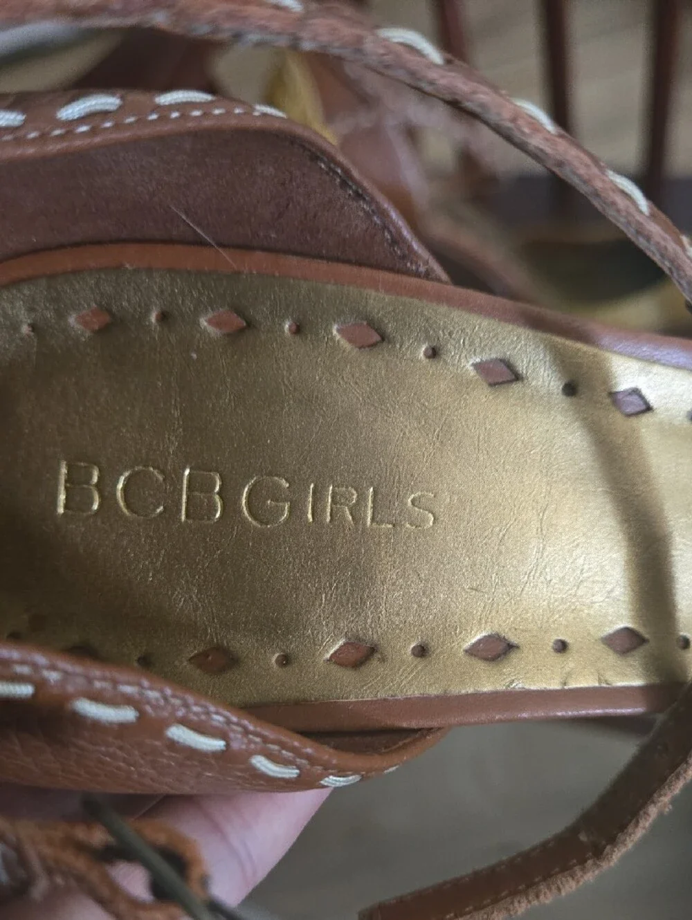 BCBGirls Unique Leather Yellow and Brown Pointed Ankle-Strap Heels
